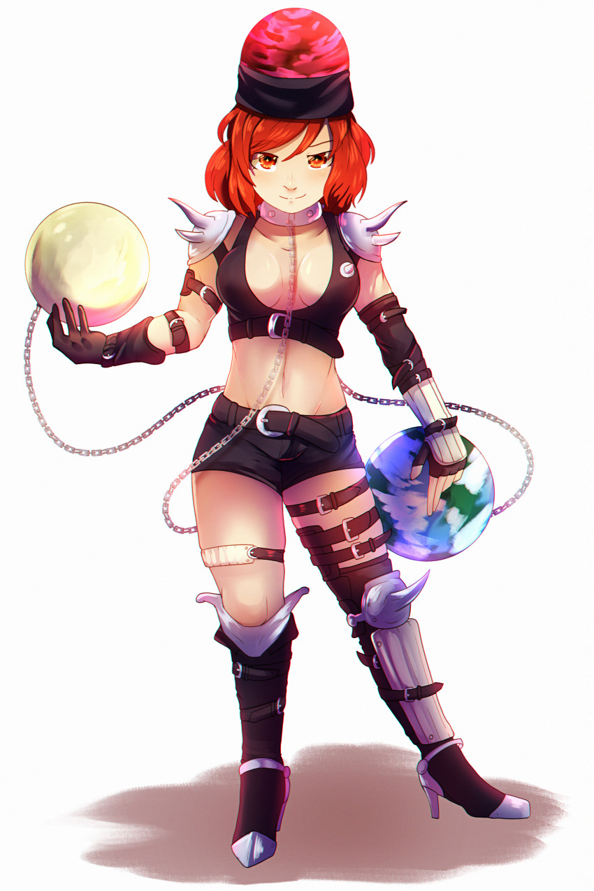 absurdres, armor, asymmetrical_legwear, breasts, brown_gloves, closed_mouth, cosplay, dungeon_toaster, fingerless_gloves, full_body, globe, gloves, hecate_(persona_5), hecate_(persona_5)_(cosplay), hecatia_lapislazuli, high_heels, highres, holding, light_smile, looking_at_viewer, medium_breasts, name_connection, red_eyes, red_hair, shin_megami_tensei, shin_megami_tensei_i, short_hair, shoulder_armor, simple_background, standing, touhou, trait_connection, white_background