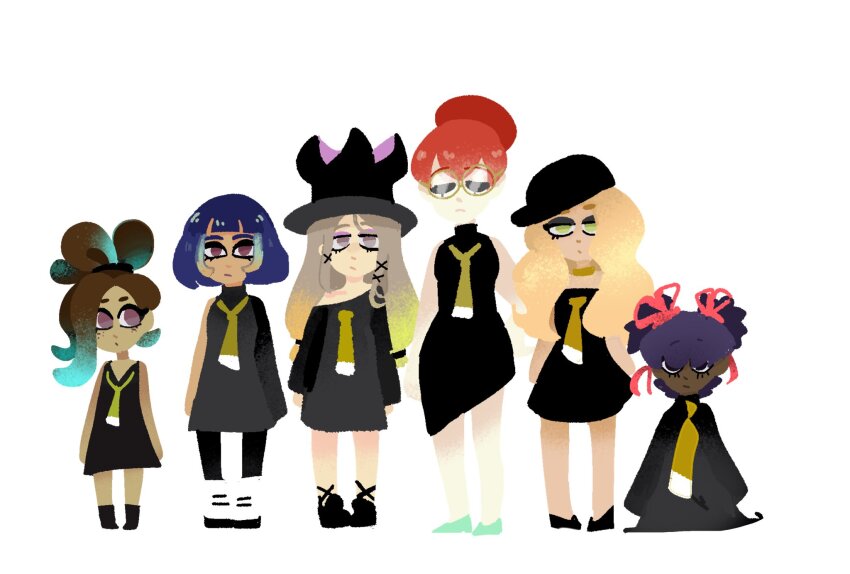 6+girls, aqua_hair, aqua_shoes, black_dress, black_footwear, black_hair, blonde_hair, blue_hair