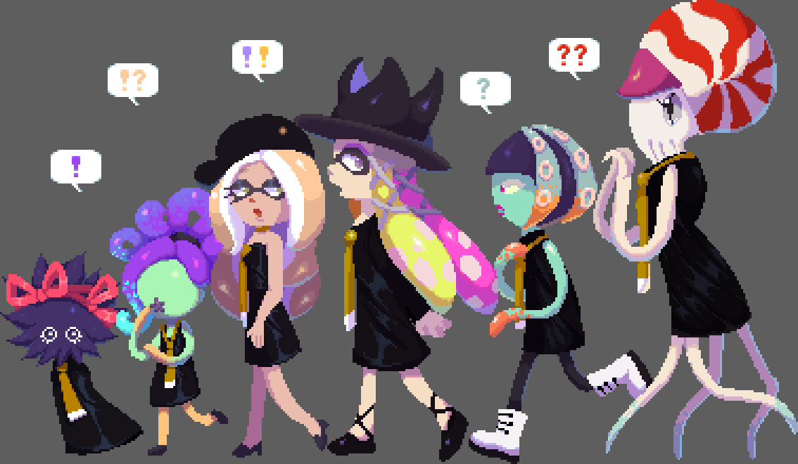 !, !!, !?, 6+girls, ?, ??, bare_shoulders, black_dress