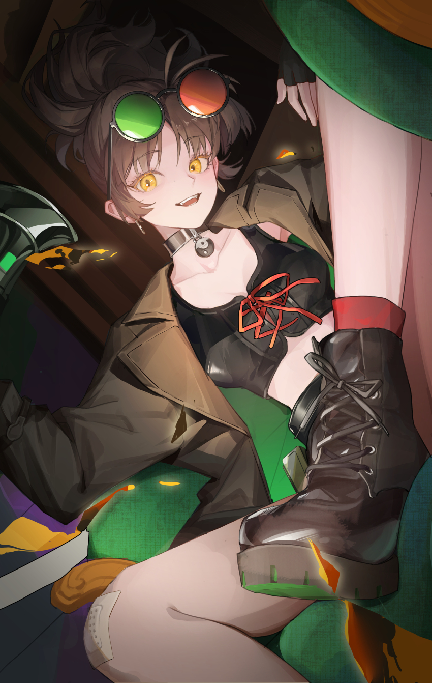 1girl, absurdres, an-an_lee, antenna_hair, bandaid, bandaid_on_knee, bandaid_on_leg, black_boots