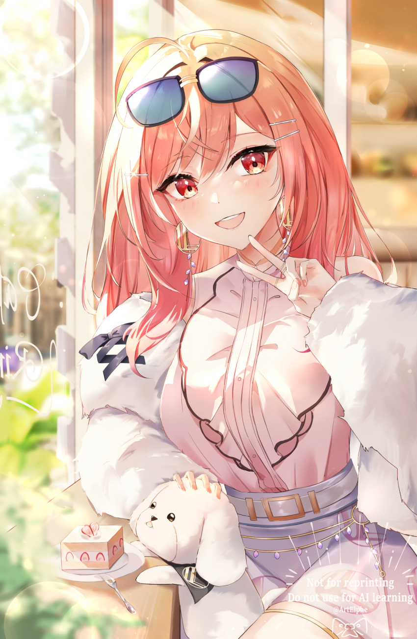 1girl, :d, ahoge, belt, blue-tinted_eyewear, blush, breasts, cake, cake_slice, center_frills, dog, earrings, elphe, eyewear_on_head, food, frills, fur_jacket, gold_earrings, hair_between_eyes, hair_ornament, hairpin, highres, hololive, hololive_dev_is, ichijou_ririka, ichijou_ririka_(1st_costume), jacket, jewelry, large_breasts, long_hair, looking_at_viewer, maltese, open_mouth, orange_eyes, orange_hair, orange_nails, petting, pink_shirt, purple_skirt, shirt, skirt, sleeveless, sleeveless_shirt, smile, solo, strawberry_cake, teeth, tinted_eyewear, uni_(ichijou_ririka), upper_teeth_only, v, virtual_youtuber, white_belt, white_dog
