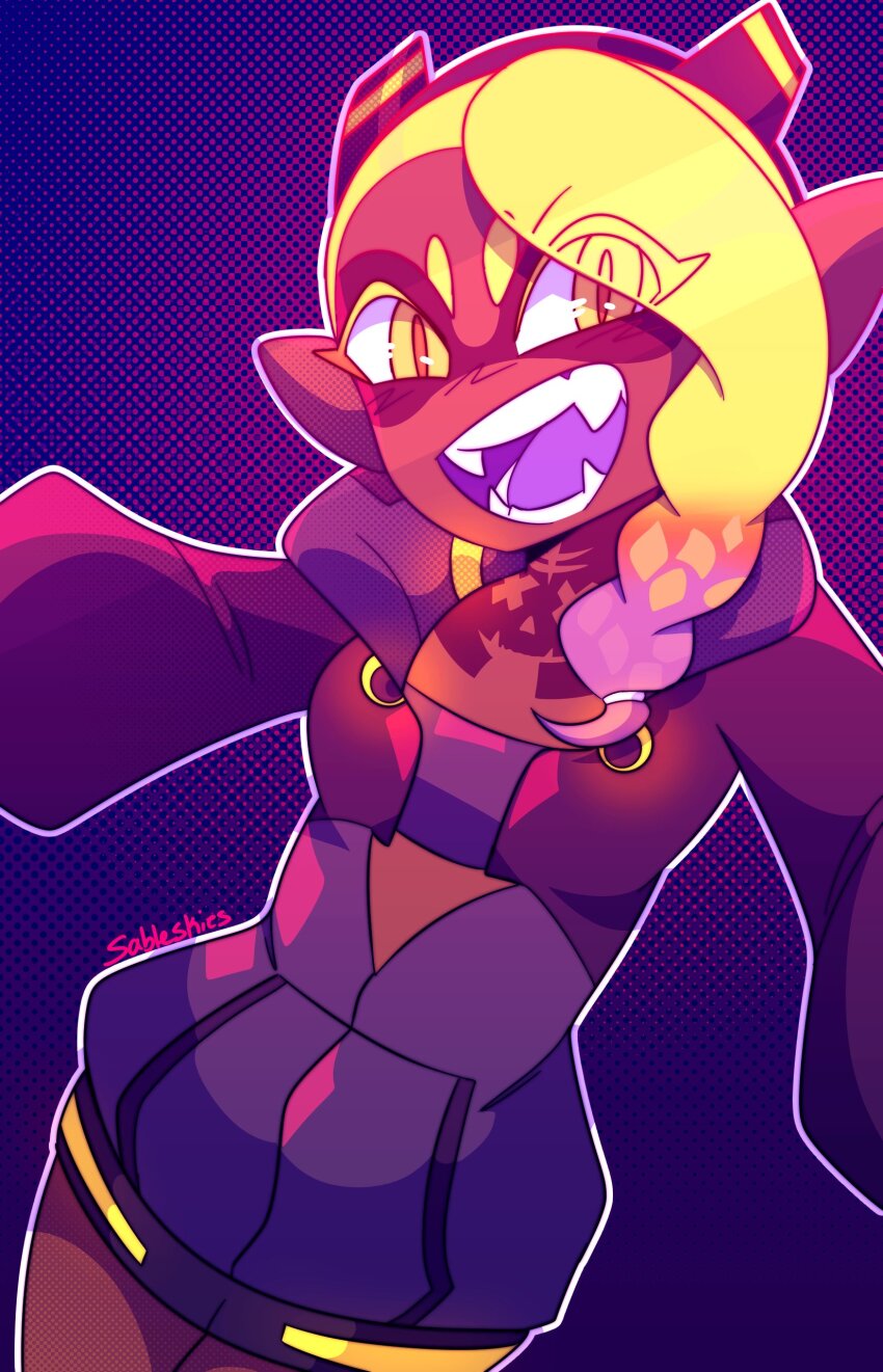 1girl, absurdres, black_jacket, blonde_hair, commentary, cosplay, cowboy_shot, cyberpunk_(series), cyberpunk:_edgerunners, dark-skinned_female, dark_skin, english_commentary, fangs, frye_(splatoon), gradient_hair, highres, jacket, looking_at_viewer, multicolored_hair, nintendo, open_clothes, open_jacket, open_mouth, pointy_ears, purple_hair, rebecca_(cyberpunk), rebecca_(cyberpunk)_(cosplay), sable_(sableskies), signature, slit_pupils, solo, splatoon_(series), splatoon_3, standing, very_dark_skin, yellow_eyes