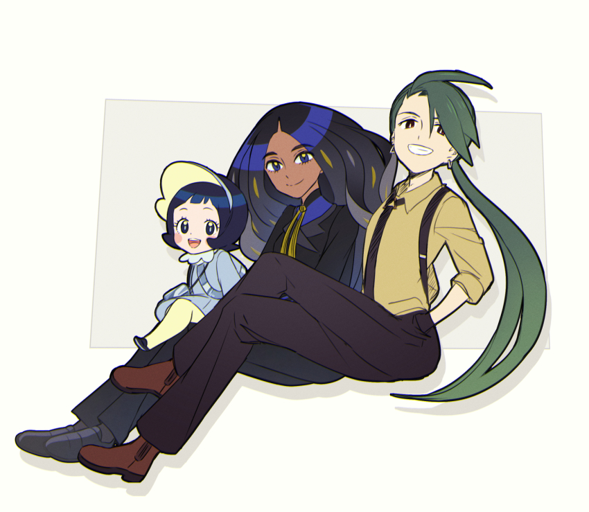 3girls, :d, black_hair, black_jacket, black_necktie, blue_eyes, blue_shirt, blush_stickers