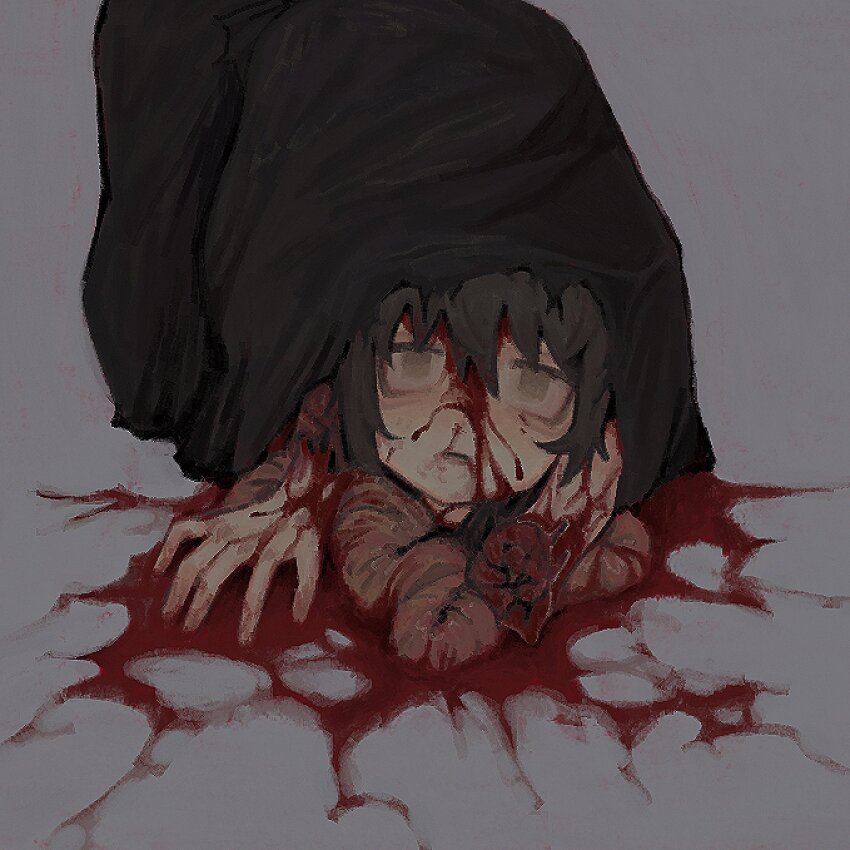 1girl, bag, blood, blood_on_face, blood_splatter, corpse, death, dismemberment