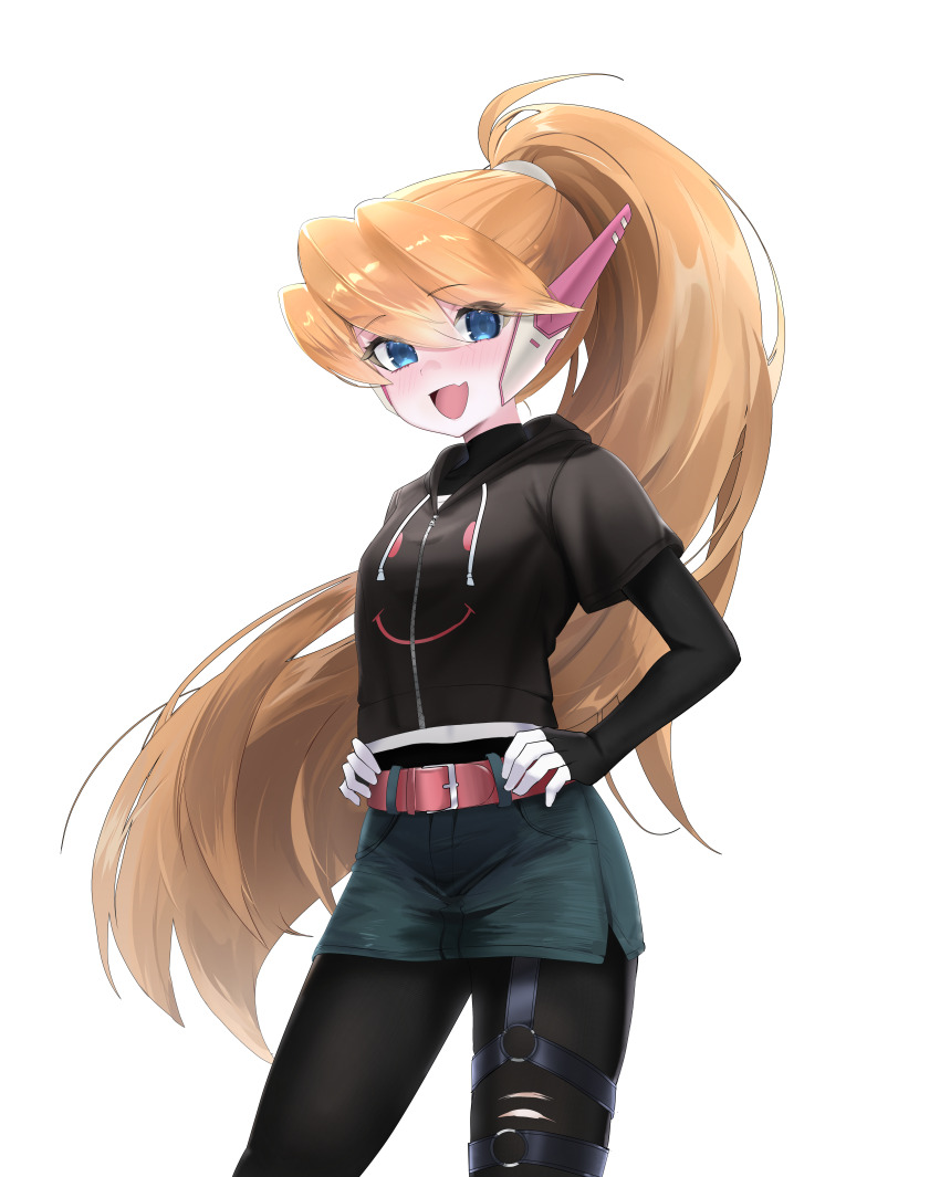 1girl, absurdres, alternate_costume, belt, blonde_hair, blue_eyes, bodystocking, breasts, ciel_(mega_man), commission, commissioner_upload, fauron714, gloves, hands_on_own_hips, highres, hood, hood_down, hoodie, long_hair, looking_at_viewer, mechanical_ears, mega_man_(series), mega_man_zero_(series), missing_headwear, non-web_source, open_mouth, ponytail, short_sleeves, skirt, small_breasts, thighs, transparent_background, undershirt, zipper