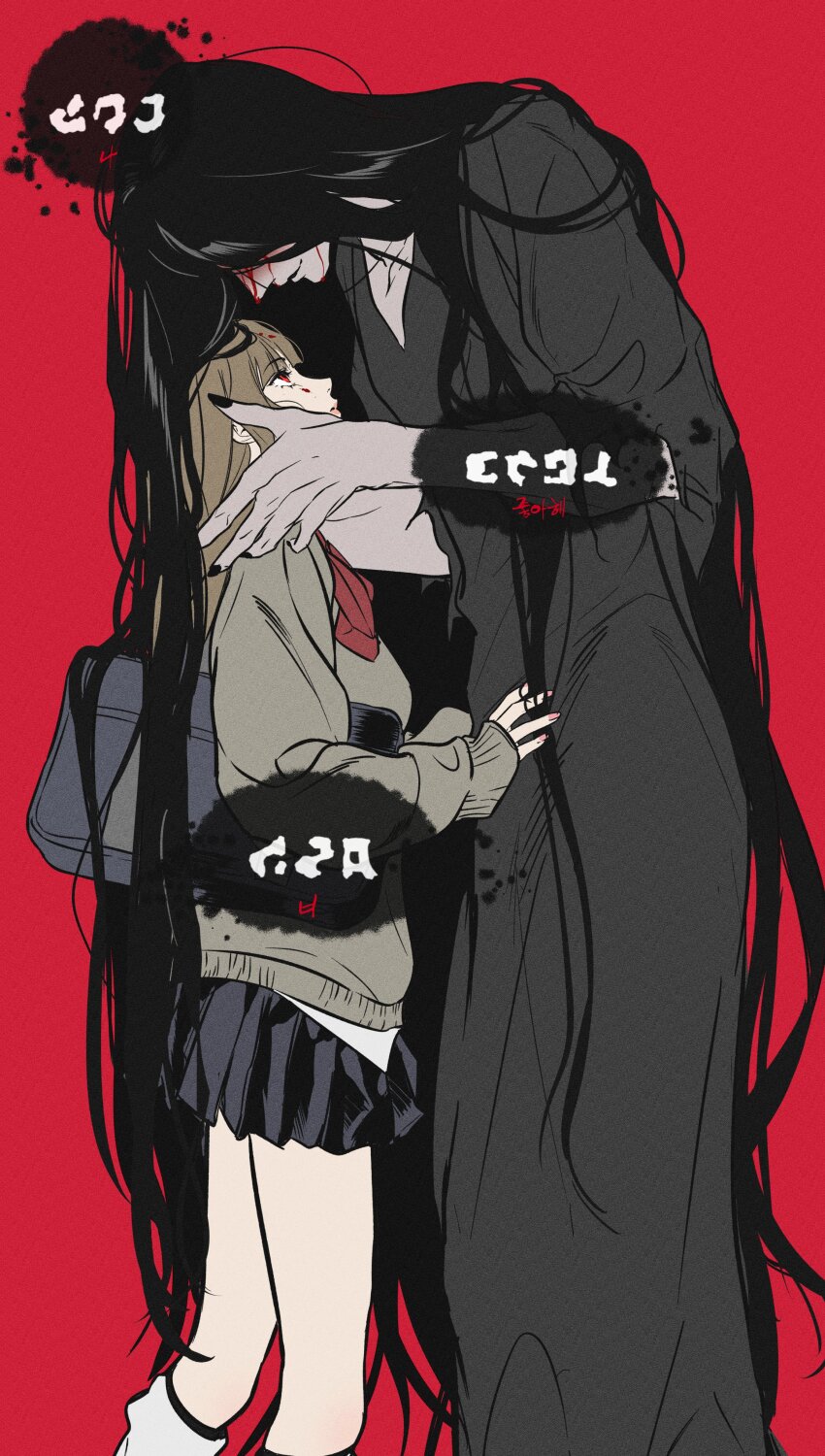 1boy, 1girl, absurdres, bag, black_hair, black_kimono, blood, blood_on_face