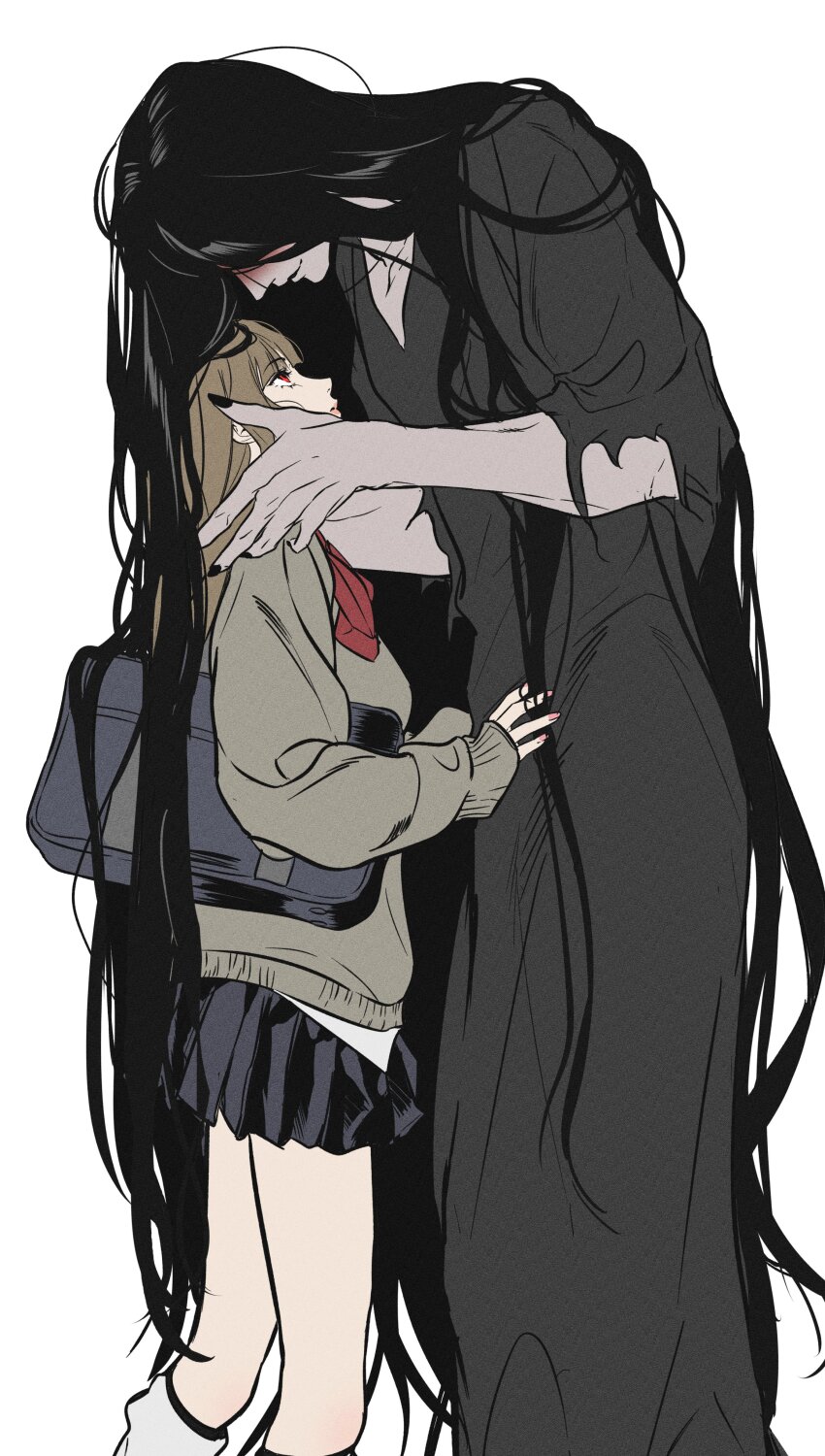 1boy, 1girl, absurdres, bag, black_hair, black_kimono, blood, blood_on_face, brown_hair, cardigan, facing_another, feet_out_of_frame, hands_on_another's_face, adashino_adami, hetero, highres, holding, holding_bag, homicipher, japanese_clothes, jeongbae22, kimono, long_hair, looking_at_another, mr._crawling, red_eyes, school_uniform, simple_background, skirt, very_long_hair, white_background