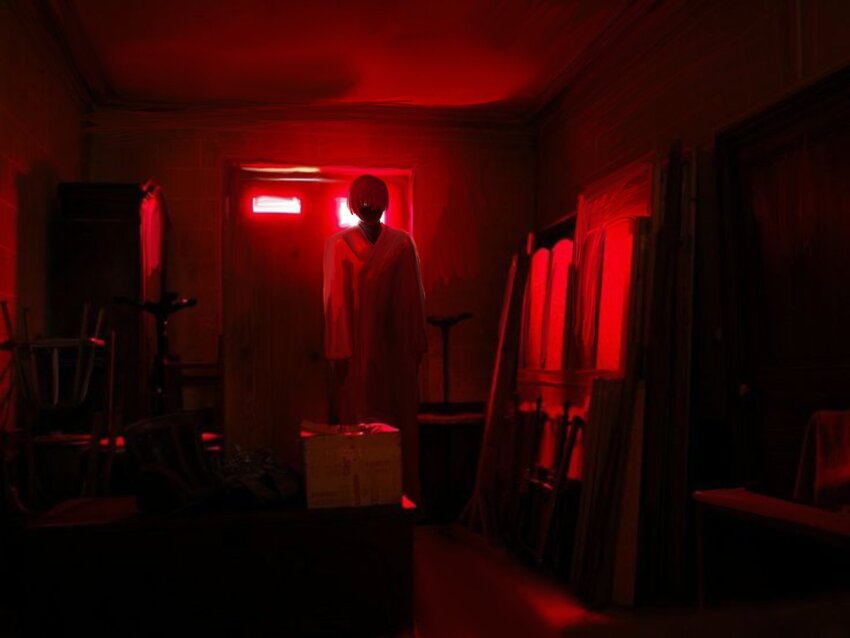 1boy, coat, commentary, english_commentary, fatimabayani3, highres, homicipher, indoors, male_focus, mr._scarletella, red_background, red_coat, red_hair, red_theme, short_hair, solo, wide_shot