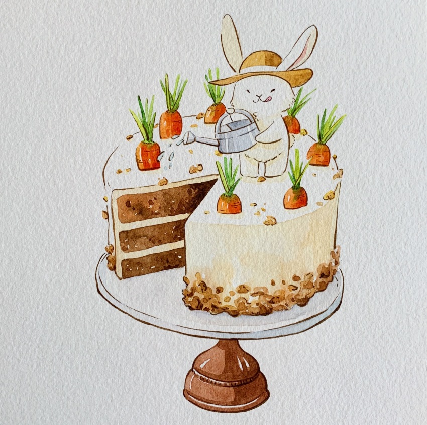 animal_ears, cake, carrot, carrot_cake, commentary, english_commentary, food, hat
