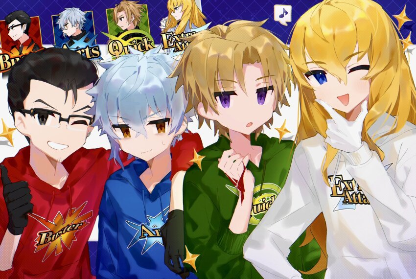 4boys, :o, alternate_costume, arm_around_shoulder, arts_shirt, beryl_gut, black-framed_eyewear, black_eyes