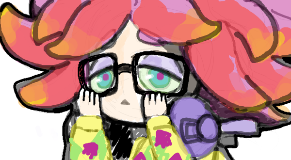adjusting_eyewear, annie_(splatoon), clownfish, fish, glasses, gradient_hair, headphones, headphones_around_neck, jyanbodon, looking_at_viewer, multicolored_hair, nintendo, sea_anemone, splatoon_(series), splatoon_1, tentacle_hair, two-tone_hair