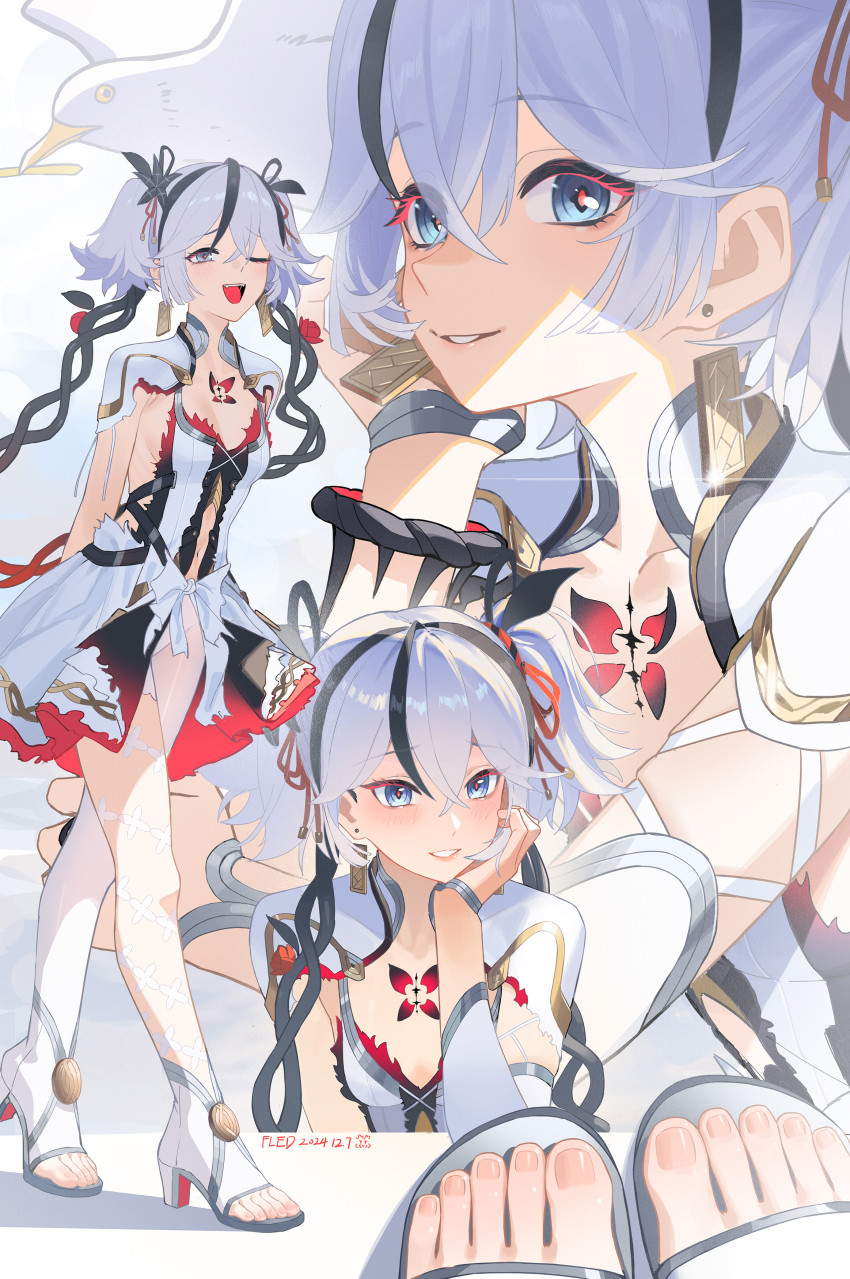 1girl, :d, absurdres, arms_behind_back, asymmetrical_clothes, black_eyes, black_flower, black_ribbon