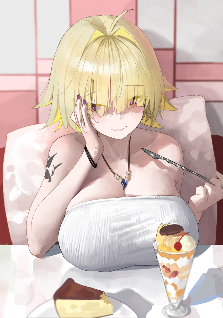 1girl, absurdres, ahoge, alternate_costume, arm_tattoo, bare_shoulders, blonde_hair, bracelet