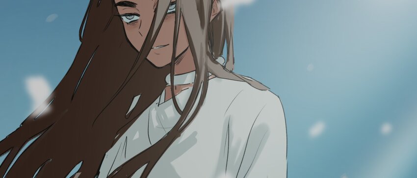 1girl, alien_stage, bad_id, bad_twitter_id, bags_under_eyes, blue_sky, brown_hair, choker