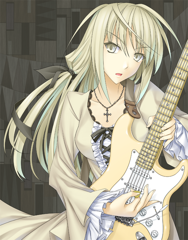 1girl, 440_(straight440), blonde_hair, cross, electric_guitar, female_focus, fender_(company), fender_stratocaster