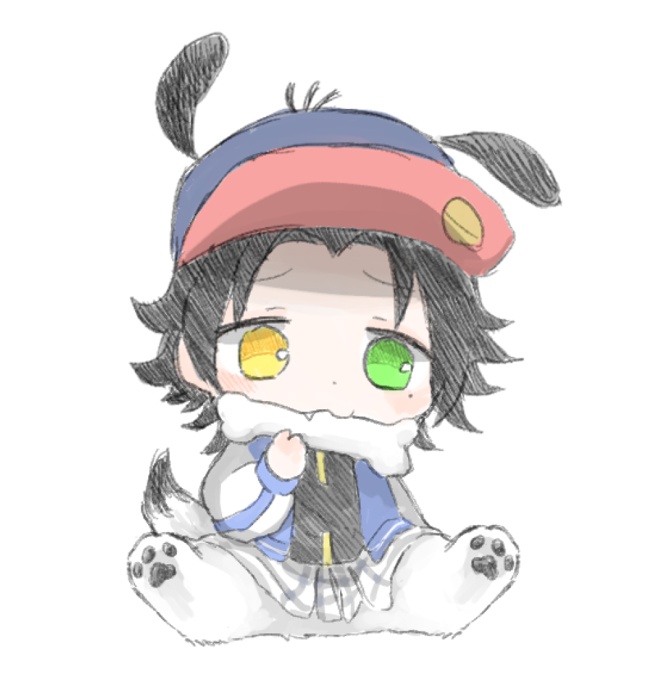 1boy, animal_ear_headwear, animal_ears, animal_legs, baseball_cap, black_hair, blush, bone_in_mouth
