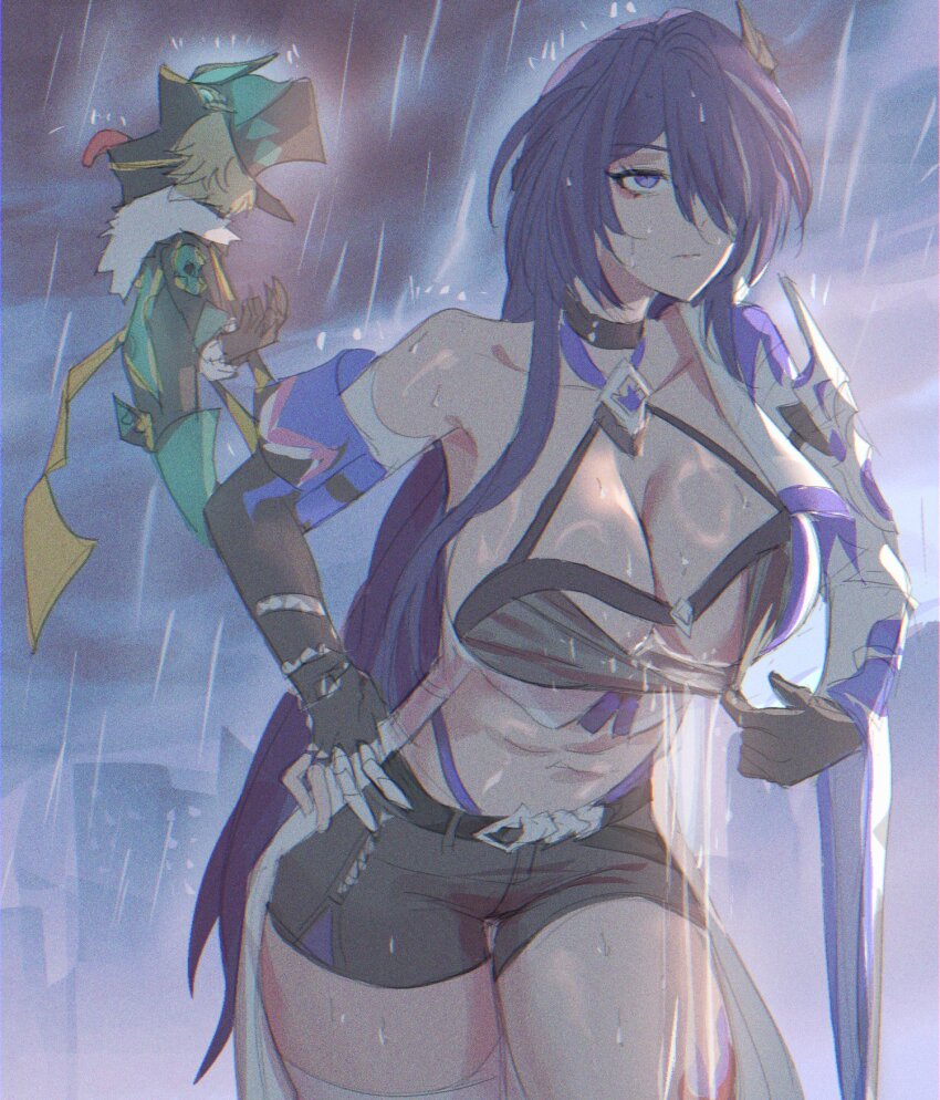 1boy, 1girl, acheron_(honkai:_star_rail), aventurine_(honkai:_star_rail), black_gloves, black_hat, black_shorts, blonde_hair