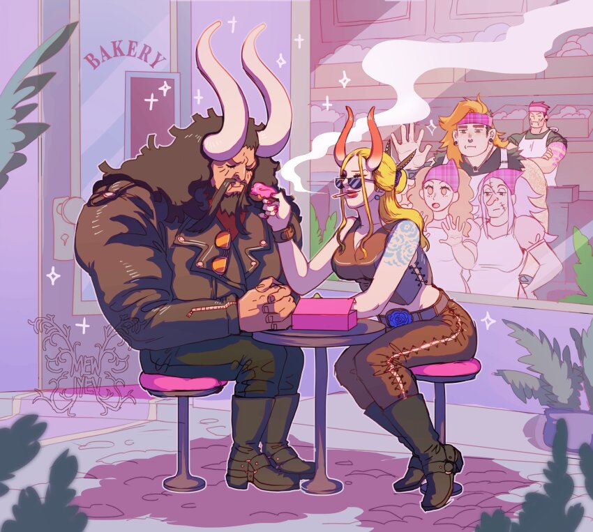 3boys, 3girls, against_glass, alternate_costume, alternate_universe, apron, arm_tattoo, artist_logo