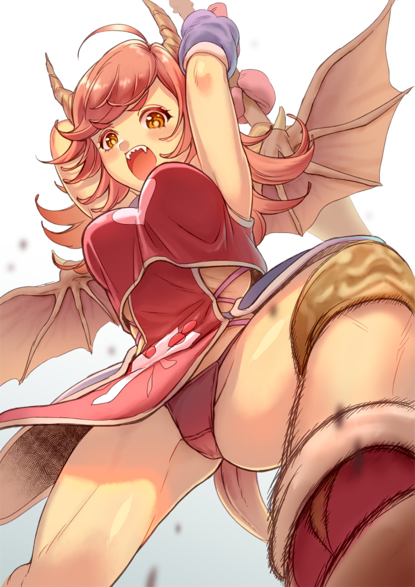 1girl, armor, attack, bare_shoulders, breasts, commentary_request, crotch_seam, dragon_girl