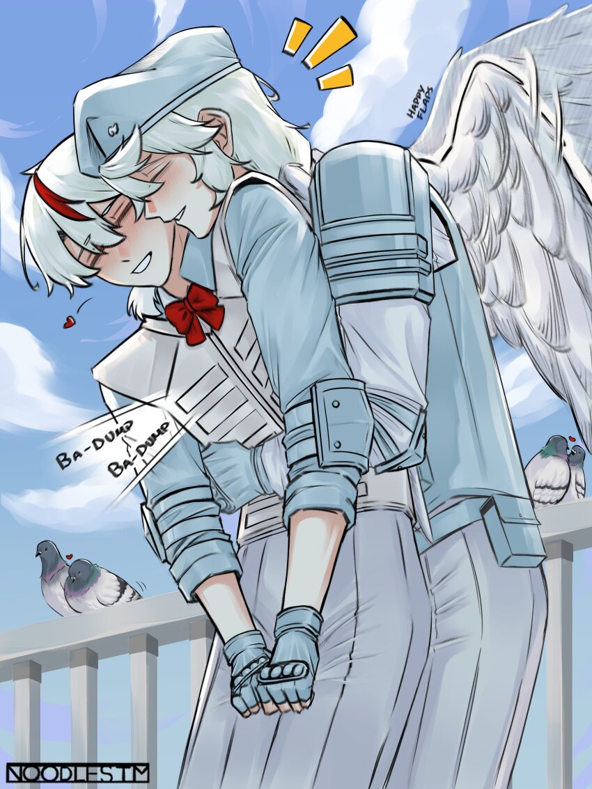 2girls, absurdres, angel_wings, artist_name, bird, blue_gloves, blue_shirt, blue_sky