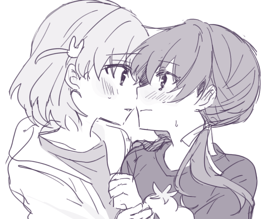 2girls, bluesky021, blush, closed_mouth, commentary, eye_contact, face-to-face, greyscale