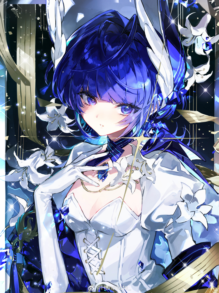 1girl, absurdres, antenna_hair, blue_collar, blue_eyes, blue_gem, blue_hair, blue_ribbon