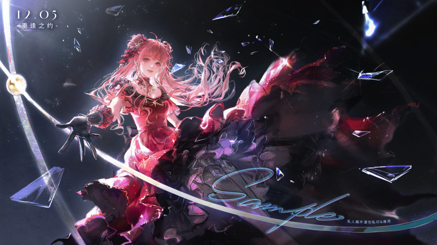 1girl, absurdres, ahoge, black_background, black_gloves, blue_fire, blunt_bangs, bow, brown_eyes, chinese_commentary, chinese_text, choker, commentary_request, dated, double_bun, dress, eyelashes, feet_out_of_frame, fire, floating_clothes, floating_hair, formal_clothes, frilled_dress, frilled_gloves, frilled_sleeves, frilled_socks, frills, glass_shards, gloves, gold_necklace, gown, hair_bow, hair_bun, highres, infinity_nikki, jewelry, jingjing_de_zuo_yike_shuai_xingzi, light_particles, lipstick, long_dress, long_hair, looking_at_viewer, makeup, necklace, nikki_(nikki), nikki_(series), offering_hand, outstretched_hand, over-kneehighs, parted_lips, pink_hair, pink_lips, red_bow, red_choker, red_dress, sample_watermark, short_sleeves, smile, socks, solo, thighhighs, translation_request, very_long_hair, watermark, white_socks