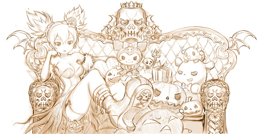 00s, 1girl, armpits, baku_(sanrio), boots, breasts, cleavage, couch