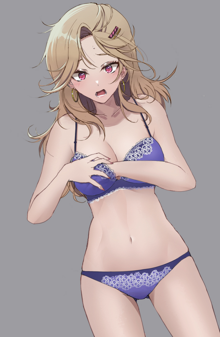 1girl, adjusting_bra, adjusting_clothes, bare_arms, bare_shoulders, blonde_hair, blue_bra, blue_panties