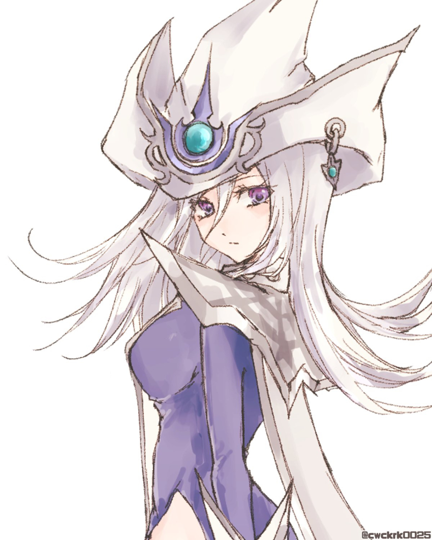 1girl, artist_name, blue_dress, clothing_cutout, dress, duel_monster, grey_hair, hair_between_eyes, hat, highres, hip_vent, long_hair, looking_at_viewer, purple_eyes, silent_magician, simple_background, tsui_(keruko2417), white_background, white_hat, wizard_hat, yu-gi-oh!