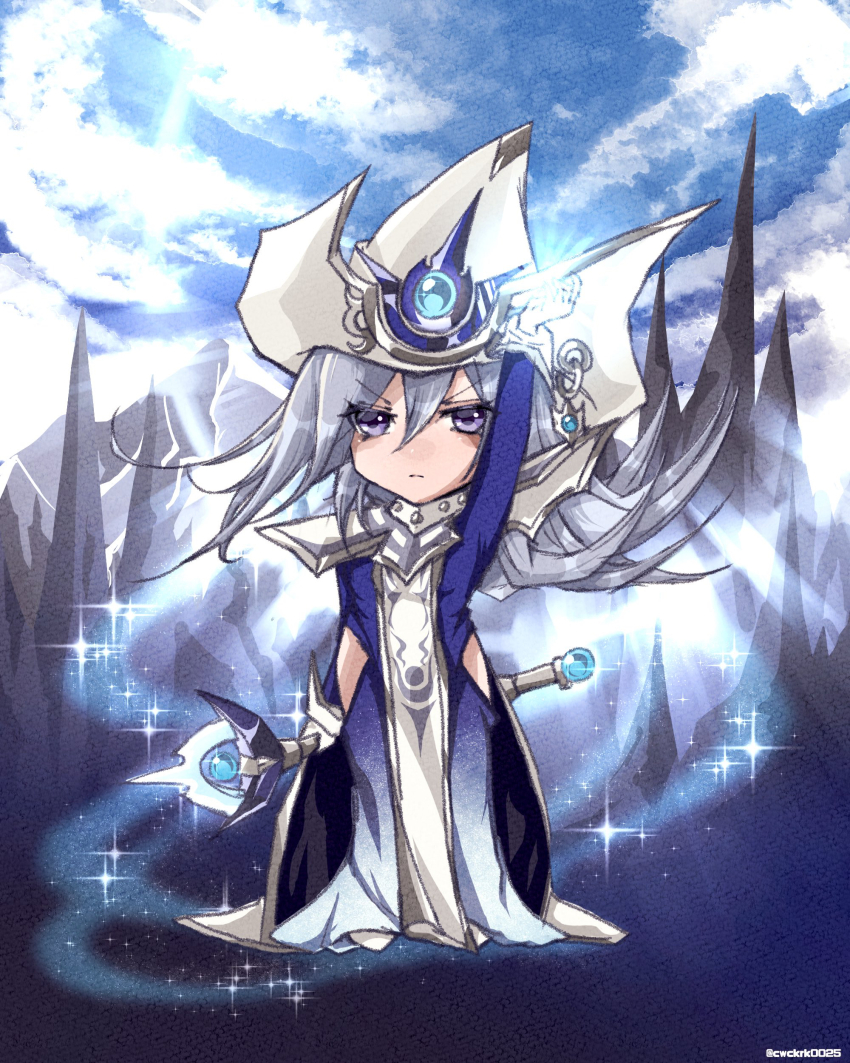 1girl, absurdres, arm_up, blue_dress, clothing_cutout, dress, duel_monster, gloves