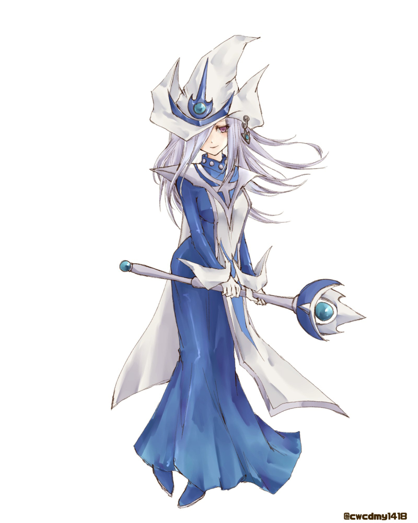 1girl, artist_name, blue_dress, dress, duel_monster, gloves, grey_hair, hair_over_one_eye