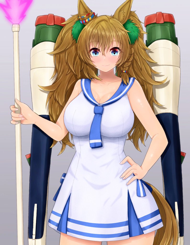 1girl, animal_ears, bare_shoulders, blast_impulse_gundam, blast_onepiece_(umamusume), blue_eyes, blue_necktie, breasts, brown_hair, cleavage, commentary_request, covered_navel, dress, duster, feather_duster, grey_background, gundam, gundam_seed, gundam_seed_destiny, hand_on_own_hip, horse_ears, horse_girl, horse_tail, large_breasts, long_hair, m172/minatsu, machinery, necktie, pom_pom_(clothes), simple_background, sleeveless, sleeveless_dress, solo, tail, umamusume, white_dress