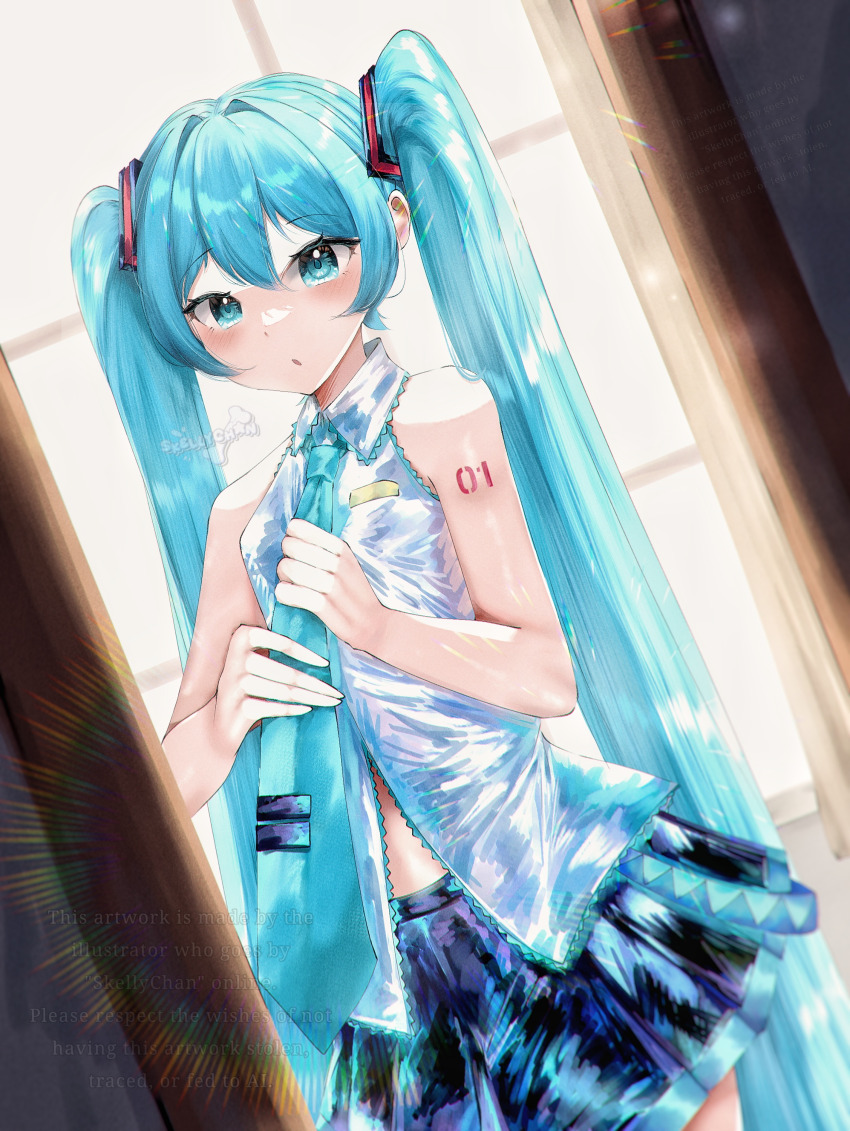 1girl, :o, absurdres, adjusting_clothes, aqua_eyes, aqua_hair, aqua_necktie, artist_name