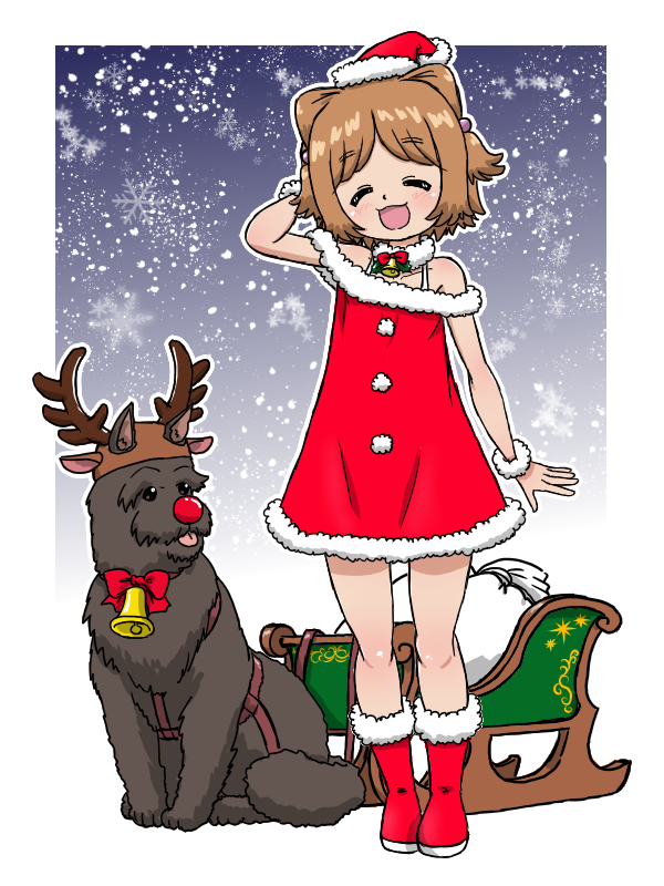1girl, 1other, animal_ears, antlers, bag, bell, boots, bra_strap