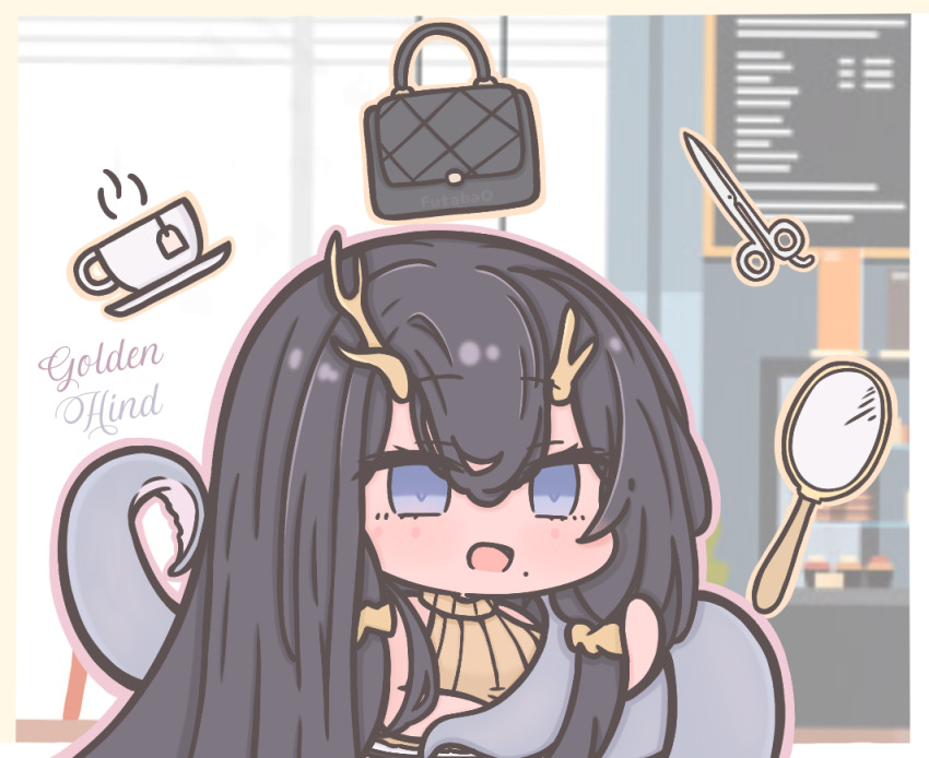 1girl, ai-assisted, ai-generated_background, antlers, asymmetrical_antlers, azur_lane, bag, black_bag