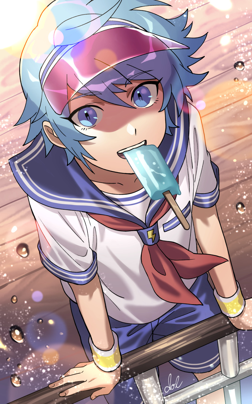 1boy, bishounen, blue_eyes, blue_hair, blue_sailor_collar, blue_shorts, dolustoy, food