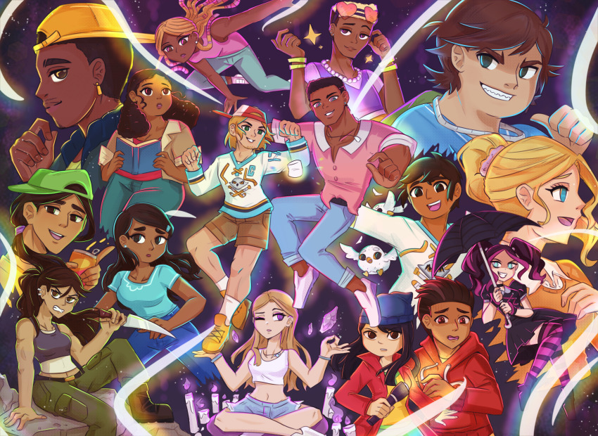 6+boys, 6+girls, absurdres, animification, aqua_eyes, axel_(total_drama), backwards_hat, beanie, bird, black_umbrella, blonde_hair, blue_book, blue_eyes, book, bowie_(total_drama), brown_eyes, brown_hair, caleb_(total_drama), can, candle, chase_(total_drama), damien_(total_drama), dark-skinned_female, dark-skinned_male, dark_skin, dreadlocks, drink_can, ear_piercing, earrings, emma_(total_drama), eyewear_on_head, flashlight, food, gem, green_eyes, grin, hat, heart, heart-shaped_eyewear, highres, hockey_sweater, holding, holding_book, holding_can, holding_flashlight, holding_knife, holding_umbrella, holding_weapon, jewelry, julia_(total_drama), knife, low_ponytail, marshmallow, meditation, midriff, millie_(total_drama), mk_(total_drama), multiple_boys, multiple_earrings, multiple_girls, muscular, muscular_male, navel, necklace, nichelle_(total_drama), open_mouth, owl, pectoral_cleavage, pectorals, piercing, ponytail, priya_(total_drama), purple_background, purple_gem, purple_hair, raj_(total_drama), ripper_(total_drama), scary_girl_(total_drama), smile, soda_can, sparkle, spoilers, total_drama, umbrella, wayne_(total_drama), weapon, white_bird, zee_(total_drama)