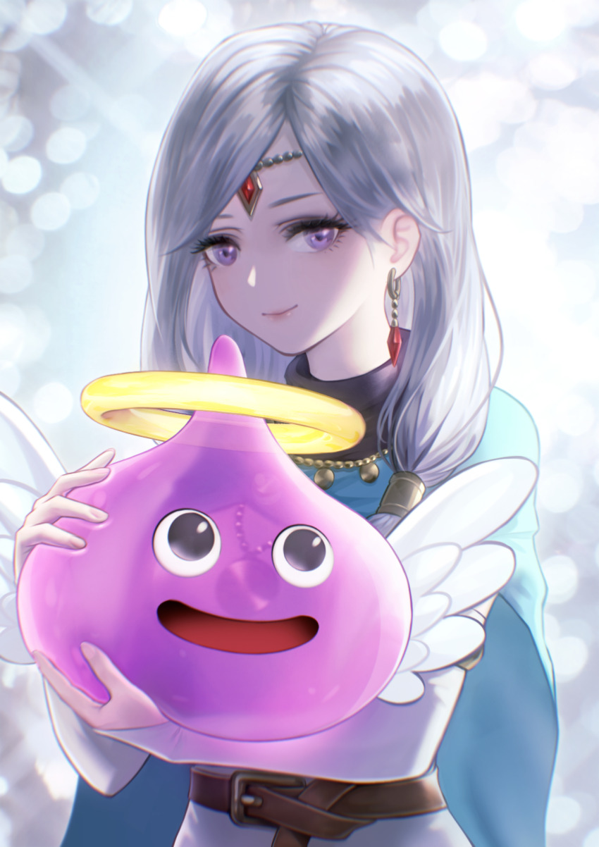 1girl, 1other, amelia_(dragon_quest), angel, angel_slime, blue_cape, bridal_gauntlets, cape