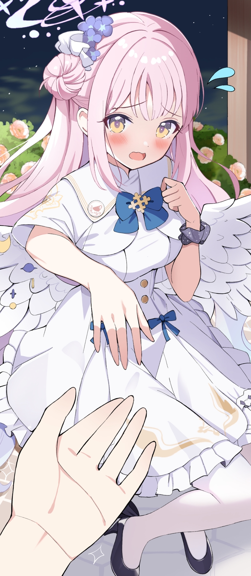 1girl, absurdres, angel_wings, black_footwear, blue_archive, blush, buttons, capelet, commentary_request, crouching_start, double-breasted, dress, flower, flying_sweatdrops, frilled_dress, frills, hair_bun, hair_flower, hair_ornament, halo, high-waist_skirt, high_heels, highres, knees_out_of_frame, long_hair, looking_at_viewer, low_wings, medium_dress, mika_(blue_archive), offering_hand_to_another, open_mouth, overskirt, pantyhose, pink_hair, pink_halo, pov, pov_hands, pumps, purple_flower, raised_eyebrows, scrunchie, single_side_bun, sitting, skirt, solo_focus, underbust, very_long_hair, white_capelet, white_dress, white_pantyhose, white_skirt, wing_ornament, wings, wrist_scrunchie, yellow_eyes