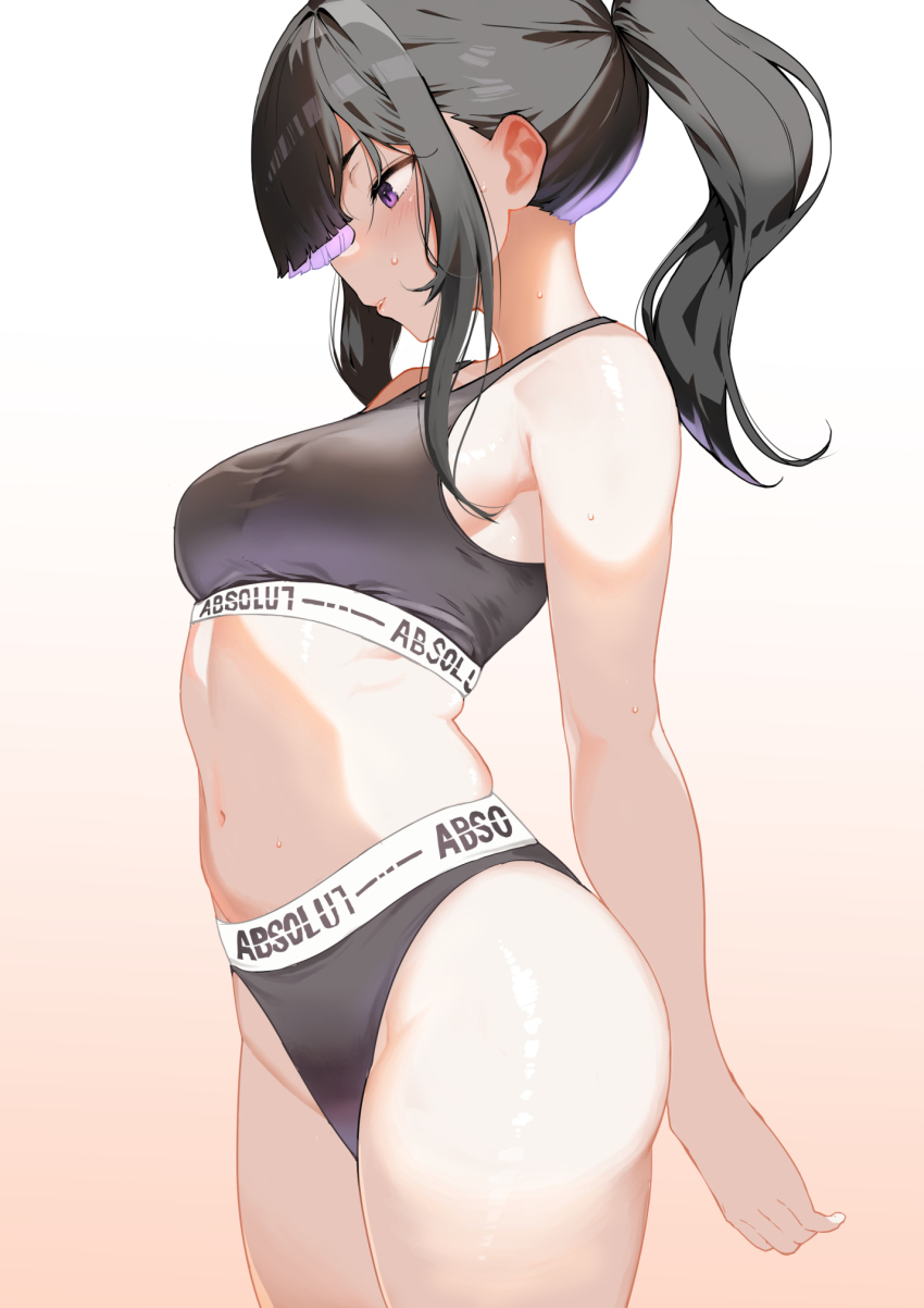 1girl, asymmetrical_bangs, bare_shoulders, black_hair, black_sports_bra, blunt_bangs, breasts, clothes_writing