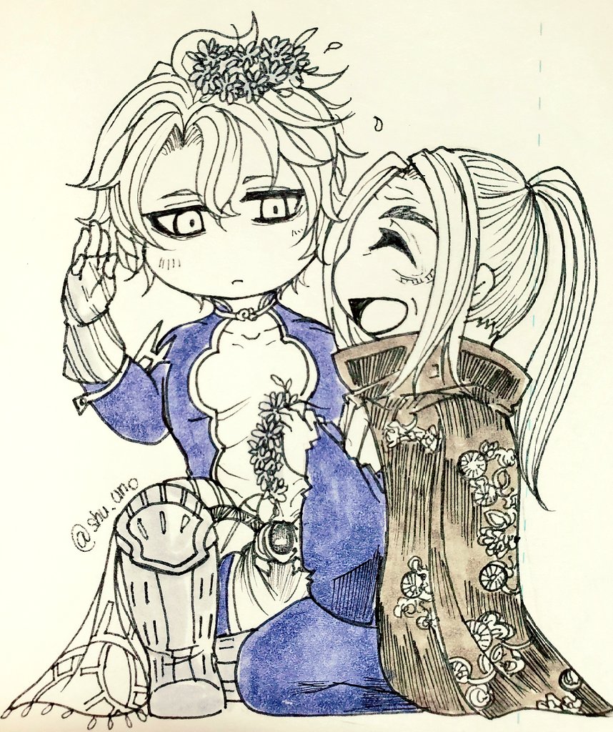 2boys, boots, cape, chibi, closed_mouth, expressionless, fingerless_gloves, floral_print