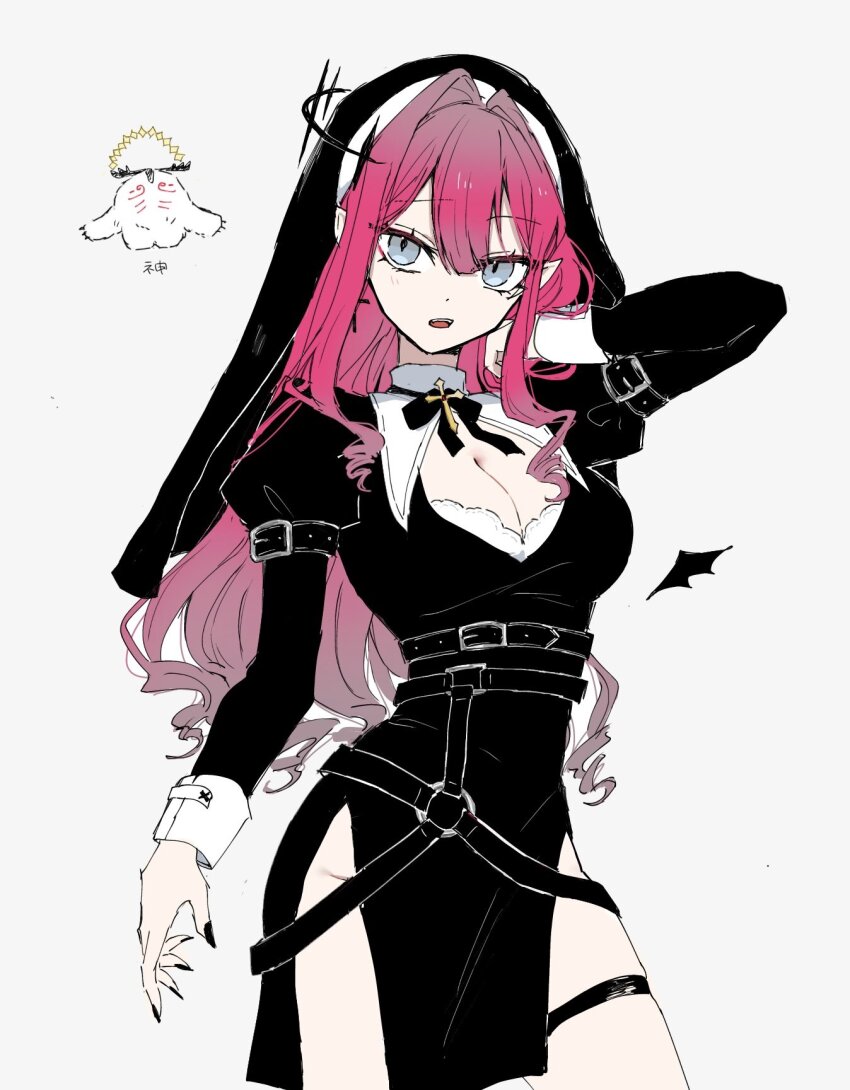 1girl, baobhan_sith_(fate), black_dress, black_nails, breasts, cernunnos_(fate), cleavage, cleavage_cutout, clothing_cutout, cross, cross_earrings, dress, earrings, fate/grand_order, fate_(series), grey_eyes, hand_up, highres, jewelry, long_hair, looking_at_viewer, mo_(aabx315), nun, open_mouth, pelvic_curtain, pink_hair, pointy_ears, sidelocks, solo, thigh_strap, white_background