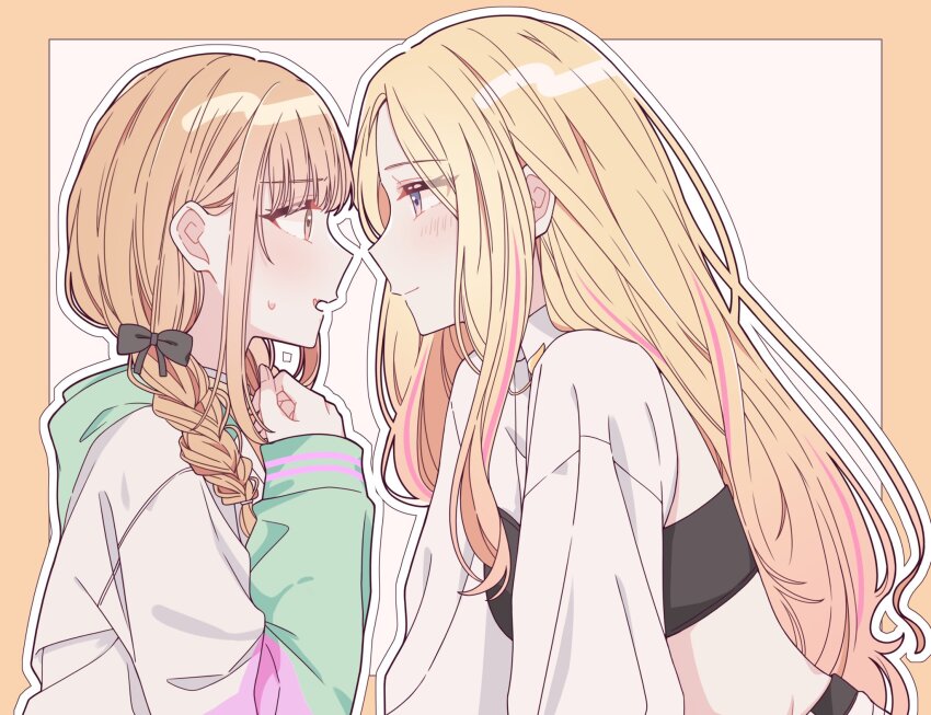 2girls, blonde_hair, blush, border, commentary_request, eye_contact, fujita_kotone, gakuen_idolmaster