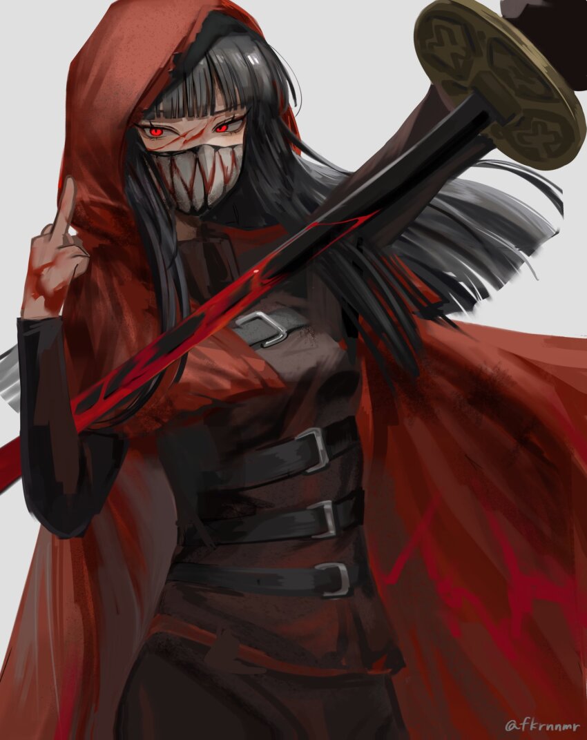 1girl, arm_up, black_hair, black_pants, black_shirt, blood, blood_on_clothes, blood_on_face