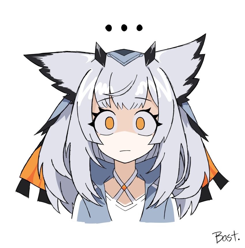 ..., 1girl, :|, animal_ears, arknights, artist_name, bastetris, black_hair, closed_mouth, commentary, criss-cross_halter, cropped_shoulders, feather_hair, glaring, grey_hair, halterneck, highres, long_hair, looking_at_viewer, no_nose, no_pupils, orange_eyes, owl_ears, partially_shaded_face, pointy_hair, ptilopsis_(arknights), shirt, simple_background, solo, staring, upper_body, white_background, white_shirt