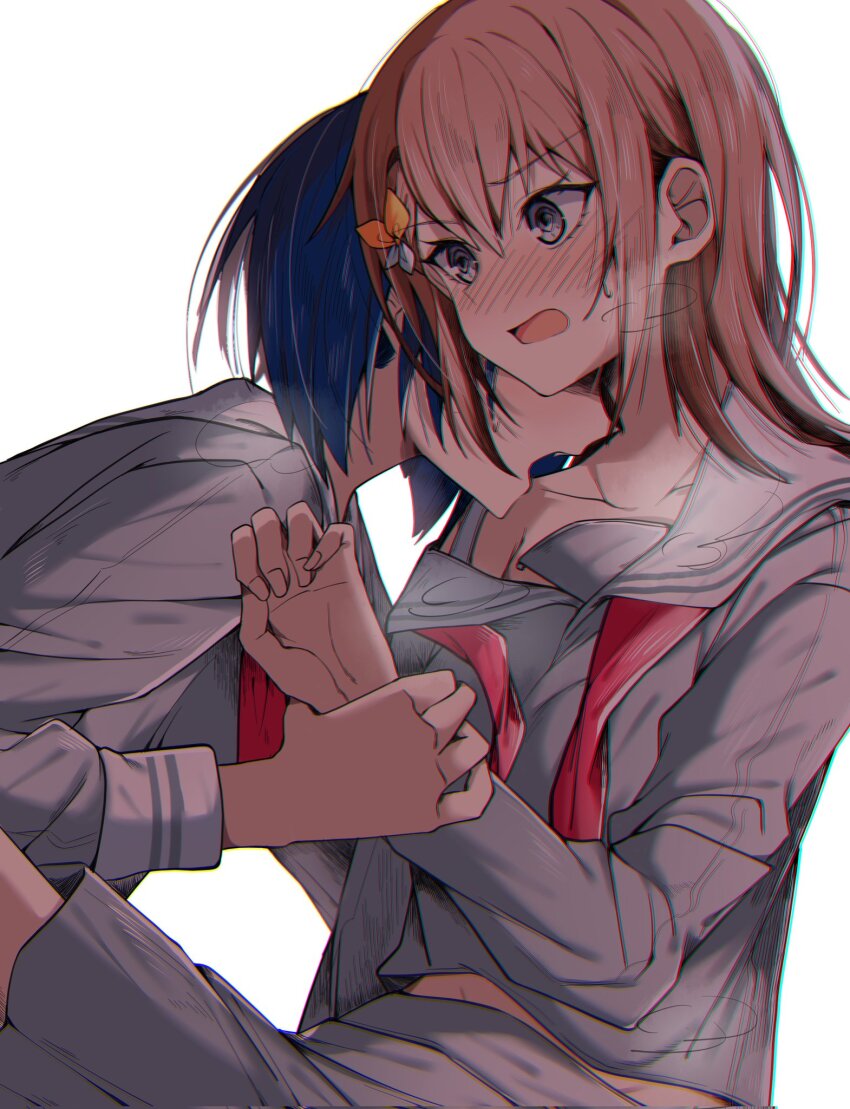 2girls, blue_eyes, blue_hair, blush, brown_hair, collarbone, commentary_request, corrupted_twitter_file