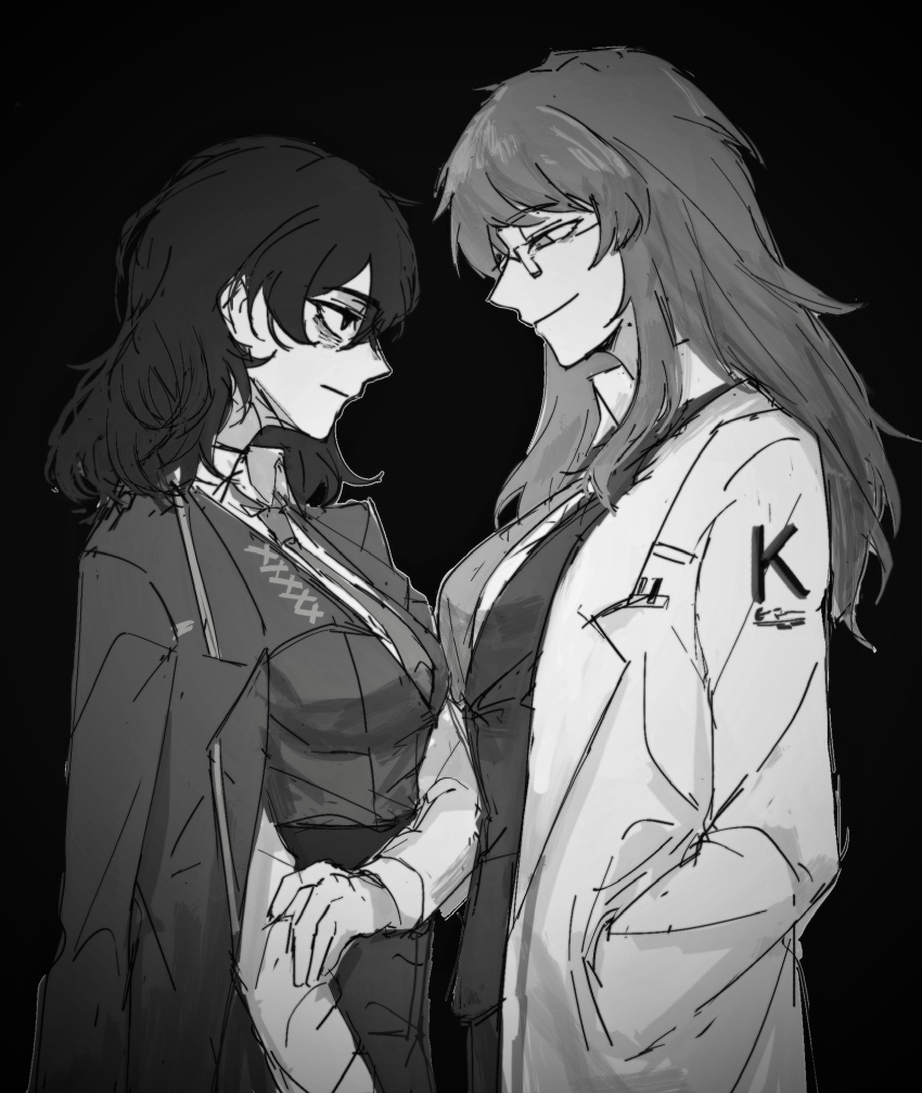 2boys, coat, coat_on_shoulders, collared_shirt, cowboy_shot, dongrang_(project_moon), eye_contact, genderswap