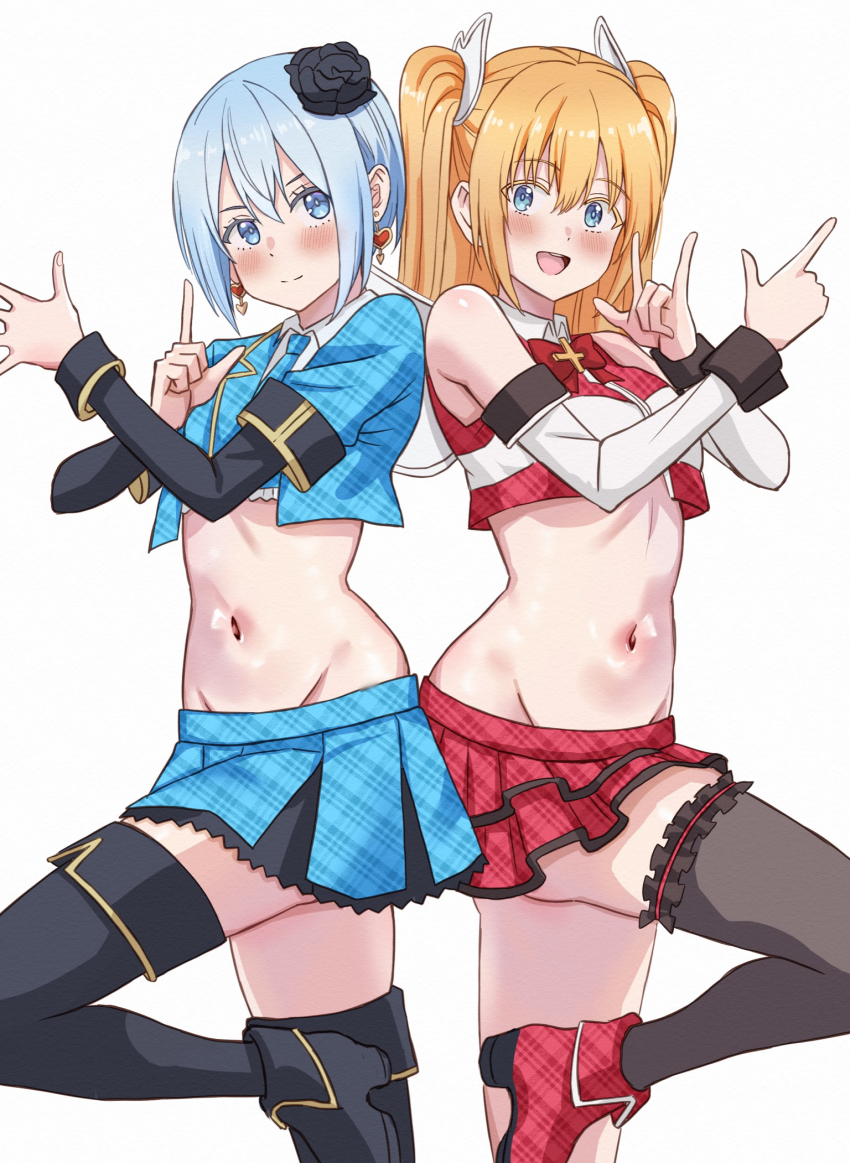 2.5_jigen_no_ririsa, 2.5_jigen_no_ririsa_tenshitachi_no_stage, 2girls, :d, \n/, alternate_breast_size, amano_ririsa, ankle_boots