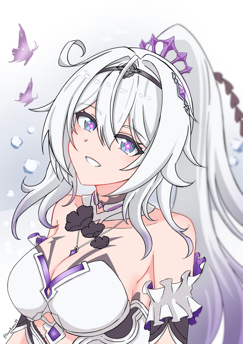 +_+, 1girl, absurdres, bare_shoulders, black_hairband, blue_eyes, breasts, cleavage